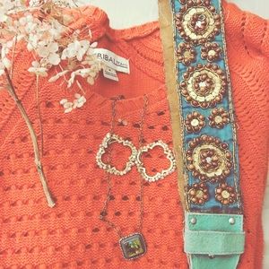 Tribal sweater, beaded belt, earrings, necklace